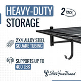 StoreYourBoard 2 Pack Heavy Duty Garage Wall Shelves, 2' x 4' Wall Mount Storage Shelf with Hooks, Holds 200 lbs Each StoreYourBoard