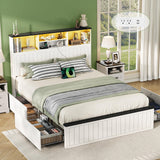 Yoobure Queen Bed Frame with Headboard - Farmhouse Wood Bed Frames Queen Size with 4 Storage Drawers, Platform Beds with Charging Station & LED Light, No Noise Double Bedframe, No Box Spring Needed Yoobure