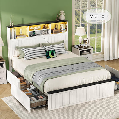 Yoobure Queen Bed Frame with Headboard - Farmhouse Wood Bed Frames Queen Size with 4 Storage Drawers, Platform Beds with Charging Station & LED Light, No Noise Double Bedframe, No Box Spring Needed