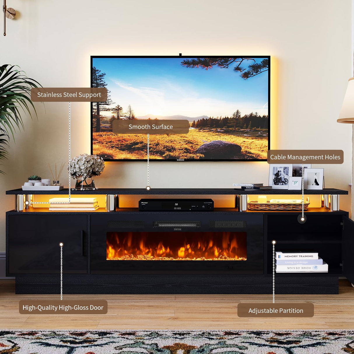 OneBlis 70" TV Stand for Living Room, Modern Entertainment Center & Media Console, Fits TVs up to 80", Storage Cabinet with Shelves, 36" Electric Fireplace with LED Flame (All Black) OneBlis
