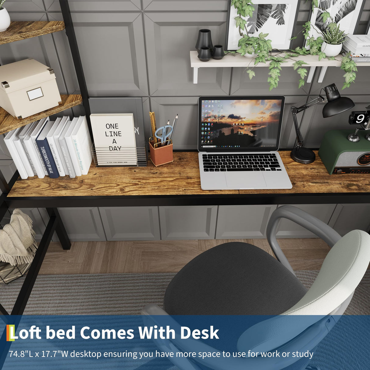 SLEKVERSA Twin Size Loft Bed with Large Desk and Storage Shelves, Metal Loft Bed with Safety Guardrail and Ladder for Kids and Adults, Space Saving, for Living Room, Bedroom, Black and Brown SLEKVERSA