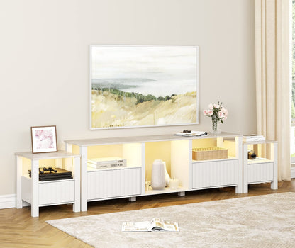 WAMPAT Large TV Stand for 95 Inch TV, White Entertainment Center for 80-100 Inch TV with LED Light & Cubby, White Television Stands with Faux Marble Tabletop for Living Room Bedroom Office