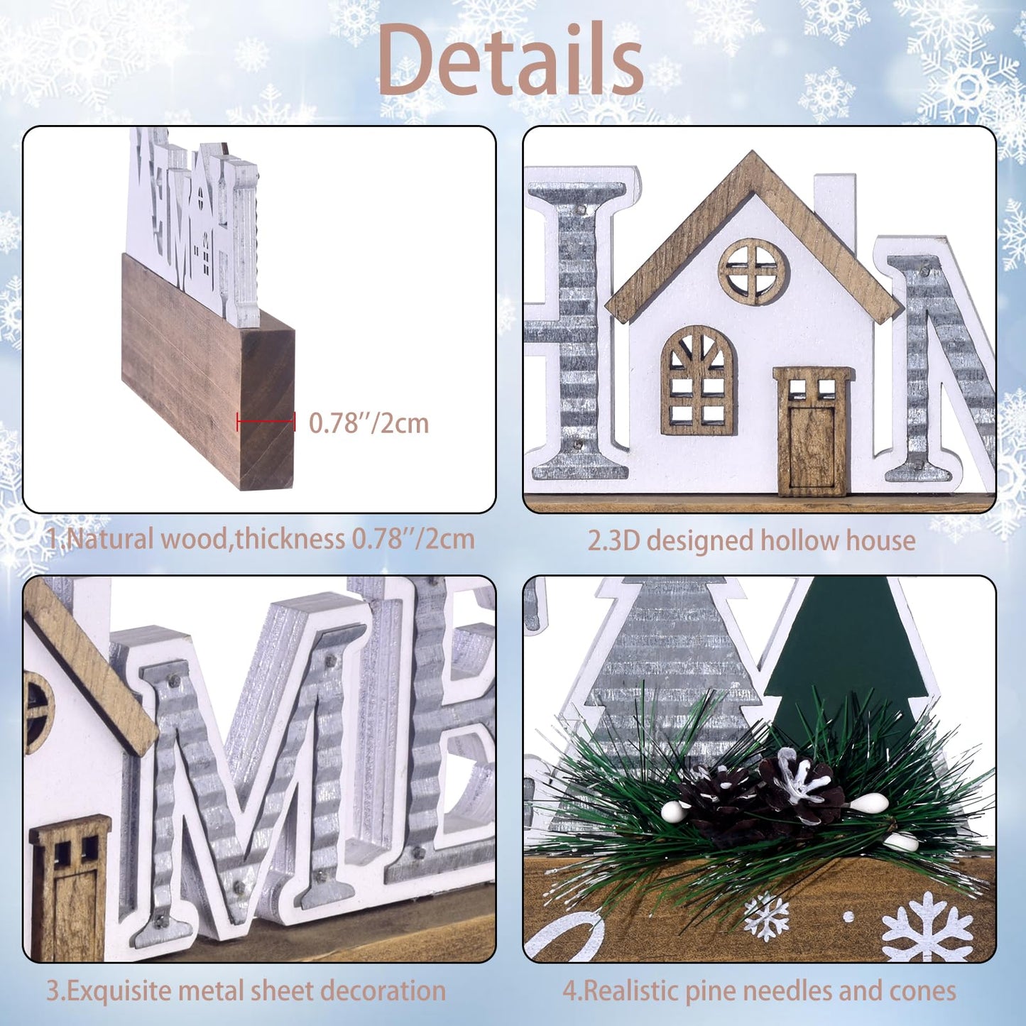 Wooden Christmas Sign Blocks, HOME for the Holiday Quote Christmas Table Decor, Xmas Centerpiece Block Sign with Snowflake & Pine Tree, Christmas Decoration for Office Desk Mantle (BROWN)