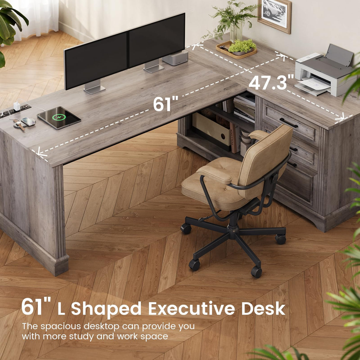 SEDETA Executive Desk, 61" Farmhouse L Shaped Desk with File Drawers, Office Desk with Drawers and Power Outlets, Computer Desk with Storage Shelves for Home Office, Grey SEDETA