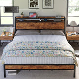 AMERLIFE Industrial King Size Bed Frame with Charging Station and 2-Tier Storage Headboard – No Box Spring Needed, Noise-Free, Dark Brown AMERLIFE