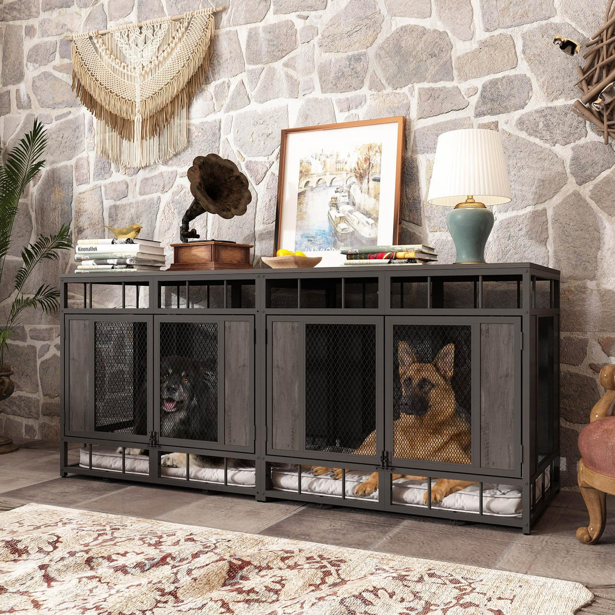 PIAOMTIEE 70.9" Large Double Dog Crate Furniture, Heavy Duty Wooden Iron Crate Kennel Furniture with Removable Divider for Small Medium Large Dogs, Rustic Brown+Black PIAOMTIEE