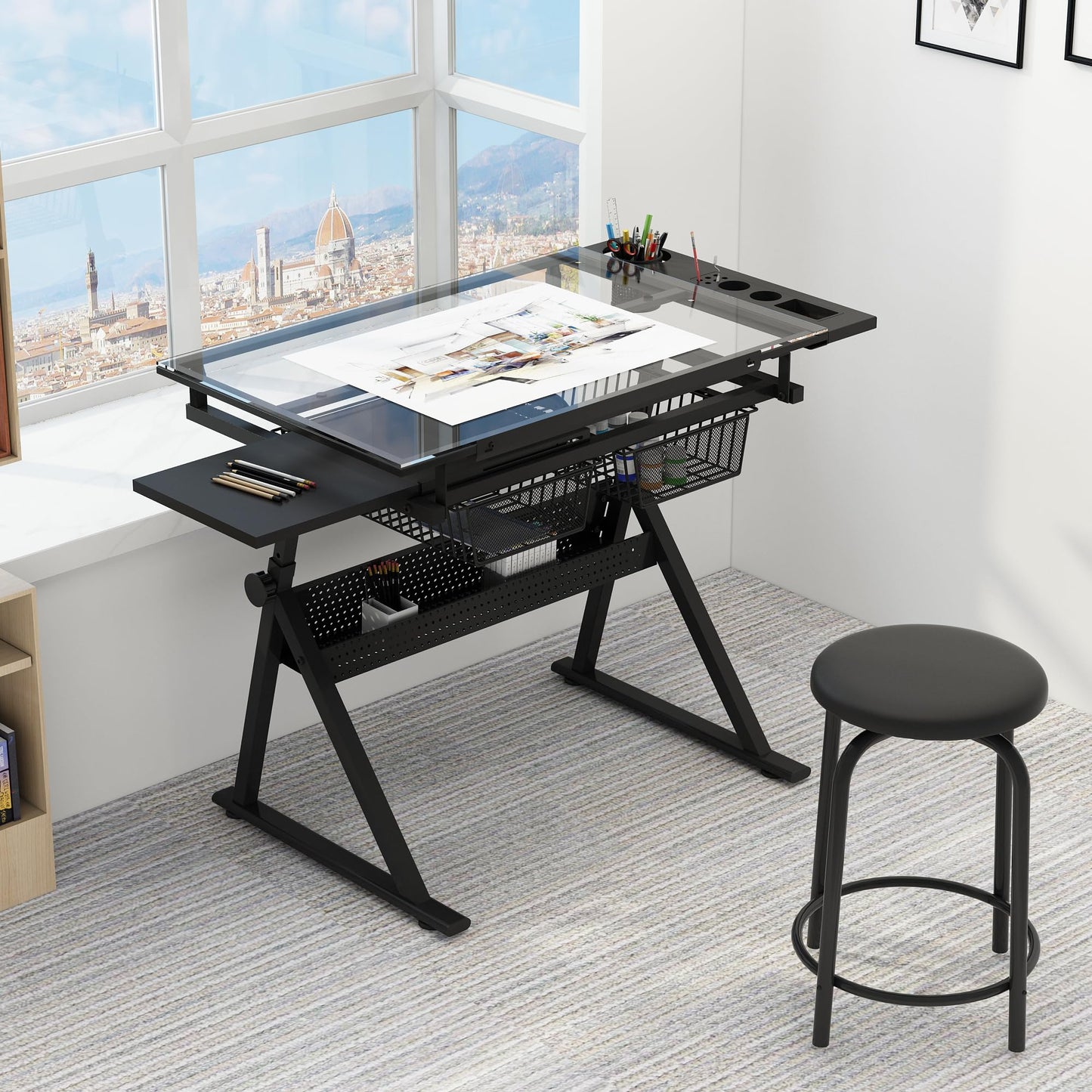 ZephyPaws Glass Drafting Table and Stool Sets, Adjustable Height Drawing Table Art Craft Artist Desk Tilting Glass Tabletop with 2 Storage Drawers for Home Office (Black)