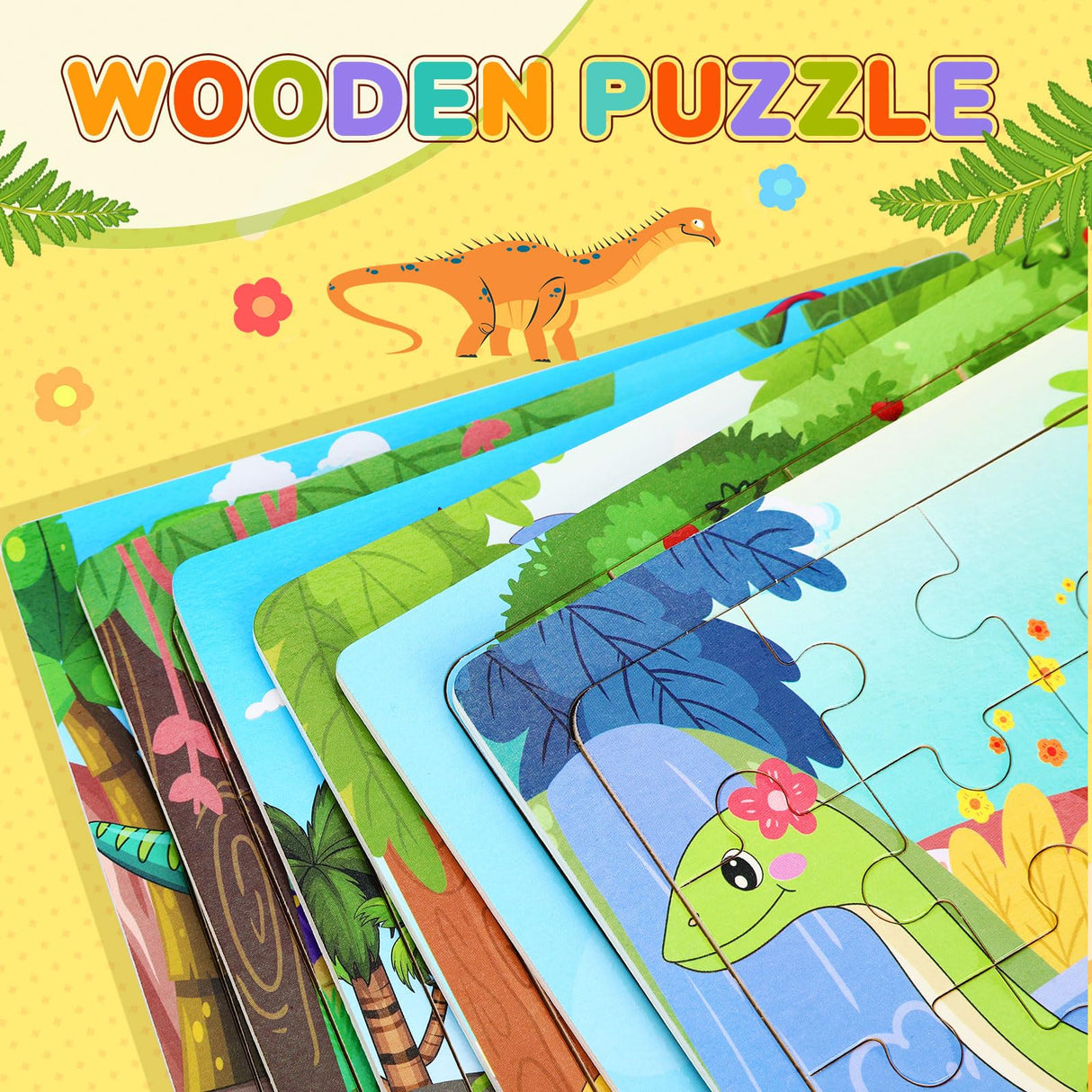 SANNIX 12 Pack Dinosaur Wooden Jigsaw Puzzles with 12 Organize Bags, Dinosaurs Animals Toddlers Puzzles for Kids Ages 3 4 5, Party Favors Educational Learning Travel Toys for Boys Girls SANNIX