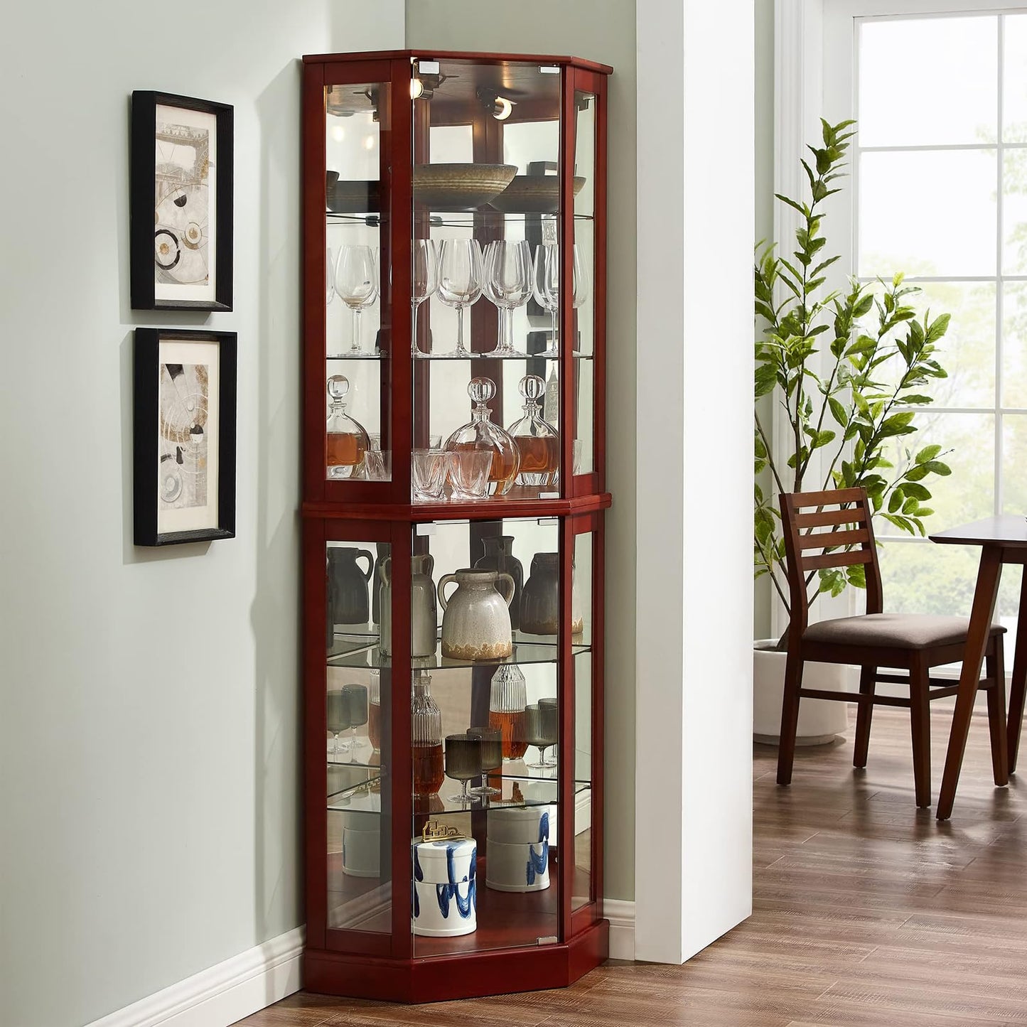 Lighted Curio Cabinet Corner Display Case for Living Room, China Hutch with Tempered Glass Doors and Shelves, Wooden Accent Cabinet, Bar and Liquor Storage Area(E26 light bulb not included) (Cherry)