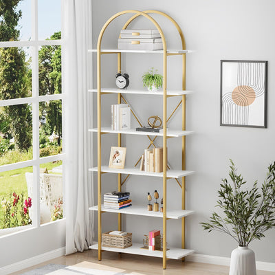 Arbuxzuy 6 Tier Bookshelf, 83" Tall Arched Bookcase, Tall Book Shelf with Metal Frame, Modern Display Standing Shelf for Living Room, Home Office, Bedroom, Gold