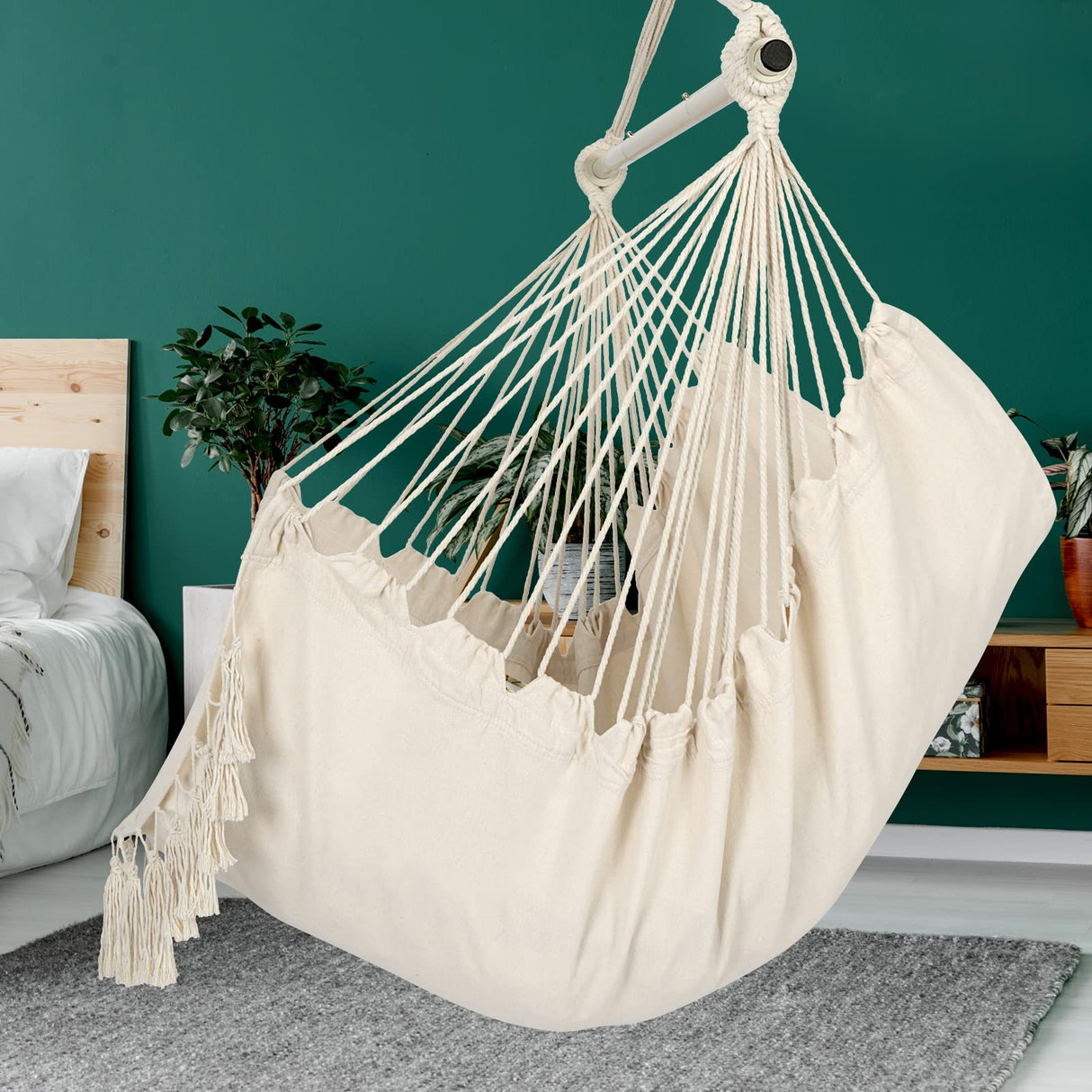 Y- Stop Hammock Chair Hanging Rope Swing, Max 500 Lbs, 2 Cushions Included, Large Macrame Hanging Chair with Pocket for Superior Comfort, with Hardware Kit (Beige) Y- STOP