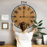 Micasso Large Farmhouse Wall Clock: 27 Inch Rustic Antique Wood Silent Battery Operated Clock with Metal Circle and Large Numerals for Living Room/Bedroom/Office Micasso