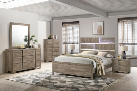 Kings Brand Furniture Dawson Modern 6-Piece Queen Size Farmhouse Style Bedroom Set in Light Brown Finish - Bed with LED Lights, Dresser, Mirror, Chest & 2 Nightstands Kings Brand Furniture