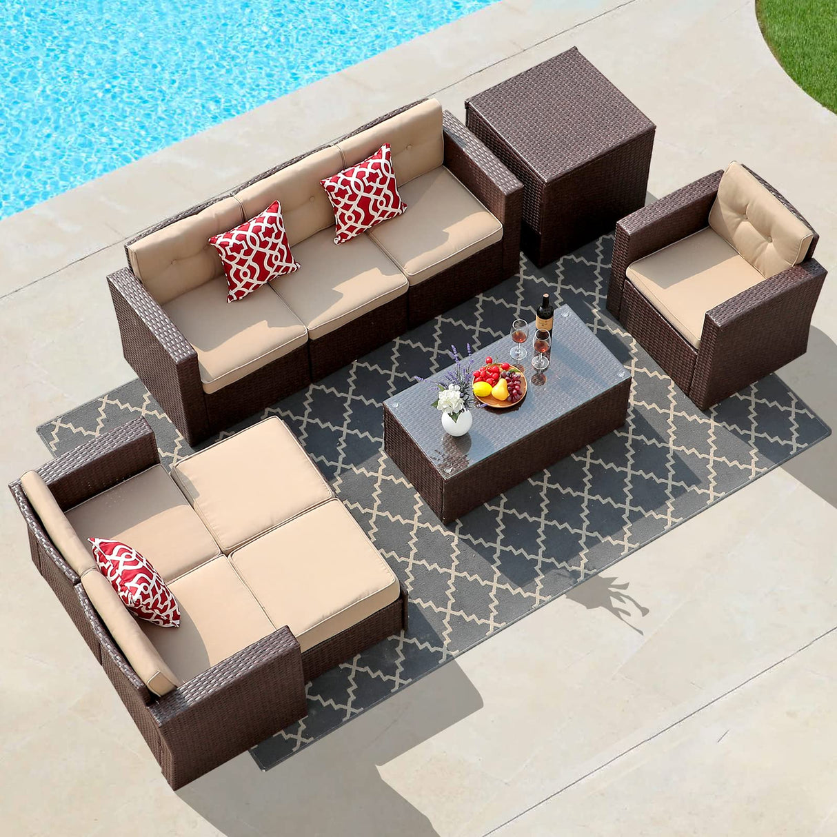 Super Patio 10 Piece Patio Furniture Set with Storage Box and Ottomans, Rattan Outdoor Conversation Set with Tempered Glass Coffee Table, Outdoor Sectional Sofa for Garden, Backyard, Deck, Brown Super Patio