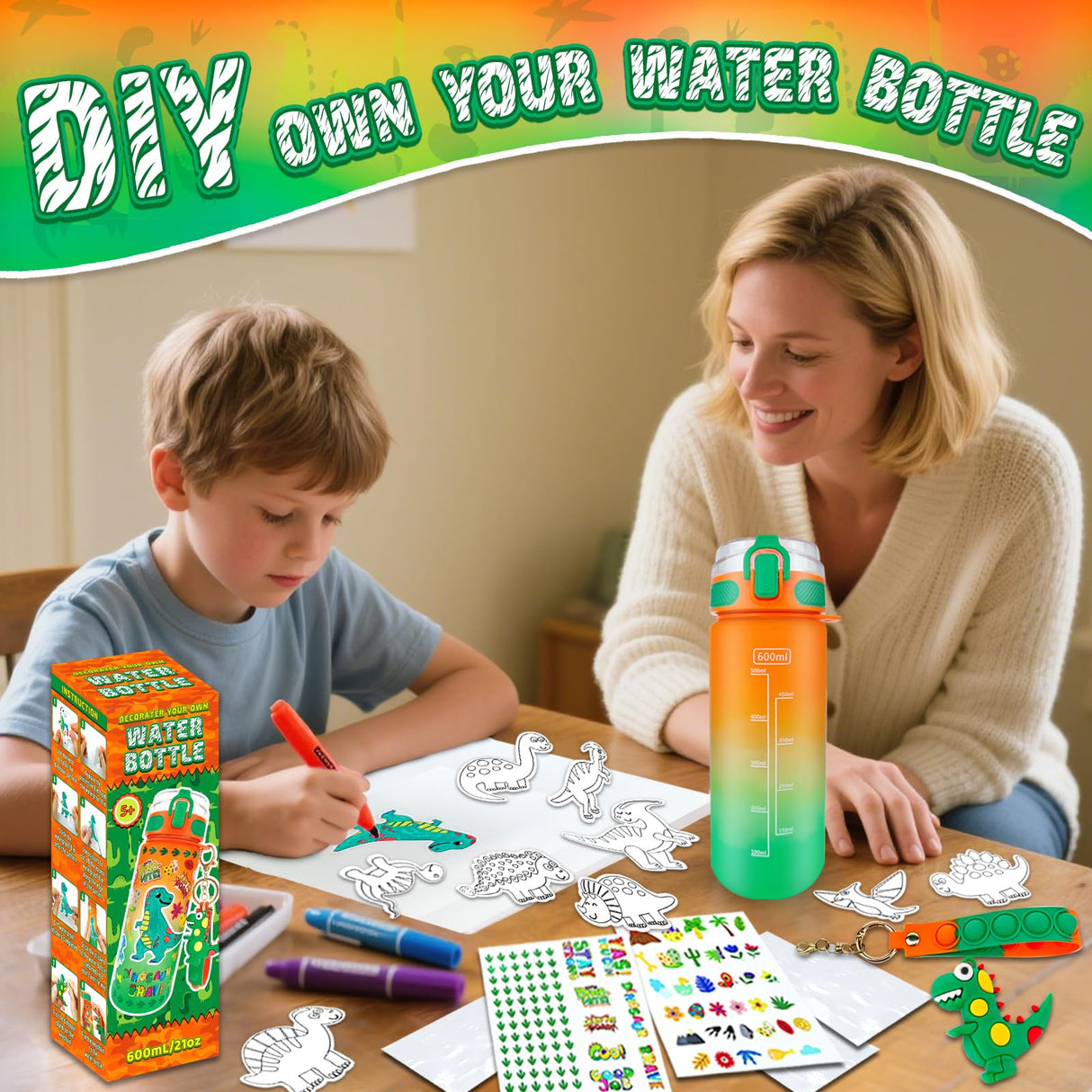 EDSPORTSHOUSE Decorate Your Own Water Bottle Kits for Boys Age 5-12,Dinosaur Painting Crafts,Fun Arts and Crafts Toys for Boys Birthday Christmas(Dinosaur) EDSPORTSHOUSE