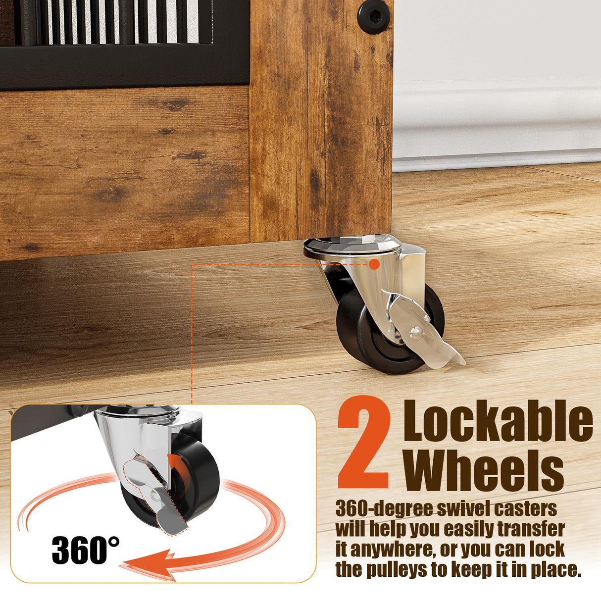 LEMBERI 32 Inch Dog Crate Furniture with Cushion, Wooden Double Doors Dog Kennel Cage Indoor with Wheels, Pet House Decorative Side End Table for Small Medium Dogs, Rustic Brown LEMBERI