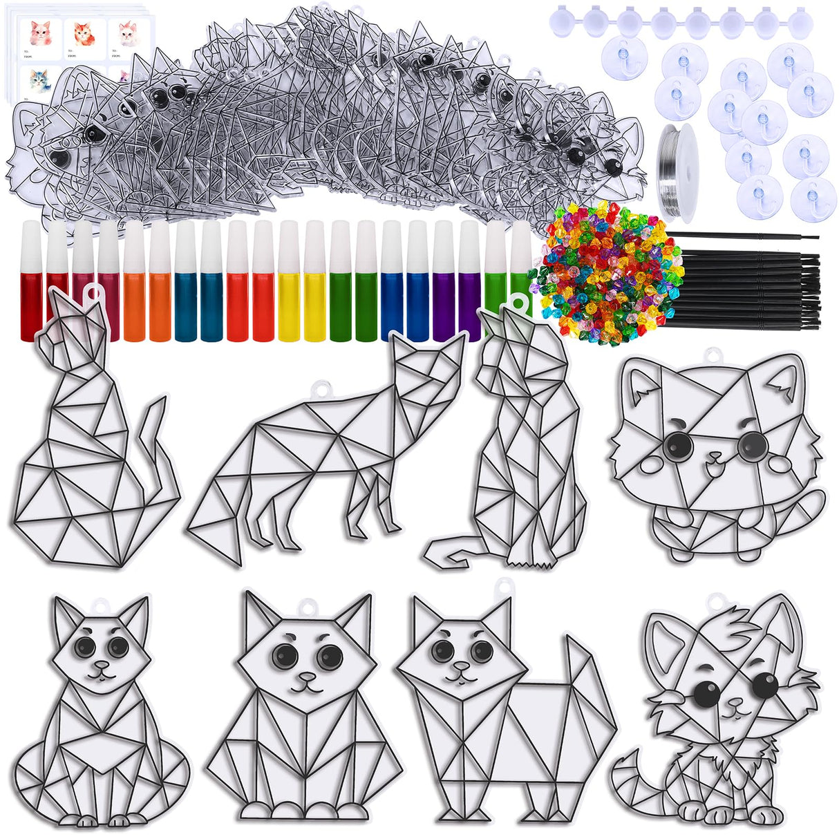 Winlyn 24 Sets Cat Suncatcher Ornaments Decorations DIY Window Paint Art Craft Kits Rainbow Kitten Sun Catchers Painting Kit for Kids Classroom Activities Birthday Summer Camping Party Art Project Winlyn