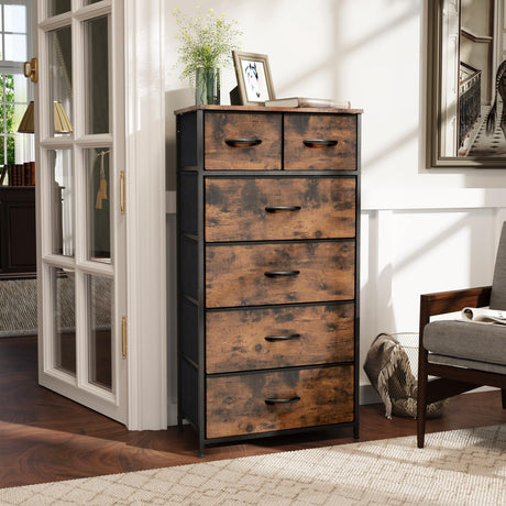 VredHom Fabric Dresser for Bedroom, Tall Skinny Dresser with 6 Drawers, Storage Organizer Tower, Steel Frame Wooden Top for Closet, Living Room, Hallway(Rustic Brown) VredHom