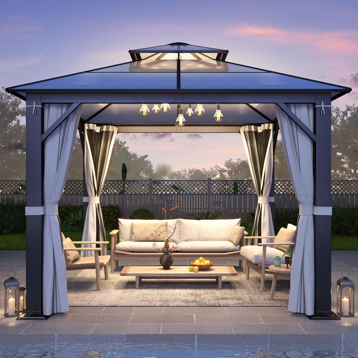 GARTOO 10x10FT Polycarbonate Hardtop Gazebo with Double Roof - Heavy-Duty Steel Frame Gazebo with Breathable Netting & Privacy Curtain for Patio, Porch, Garden, Lawn, Deck, Backyard GARTOO