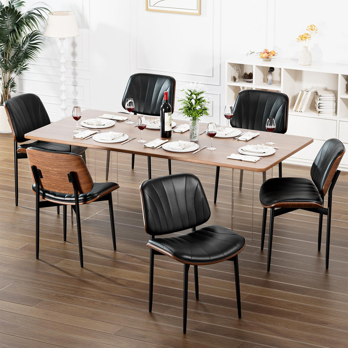 YaFiti Dining Chairs Set of 4, Dining Room and Kitchen Chairs, Mid Century Modern Accent Chair, Upholstered PU Leather Chairs for Vanity with Walnut Bentwood and Metal Legs, Black YaFiti