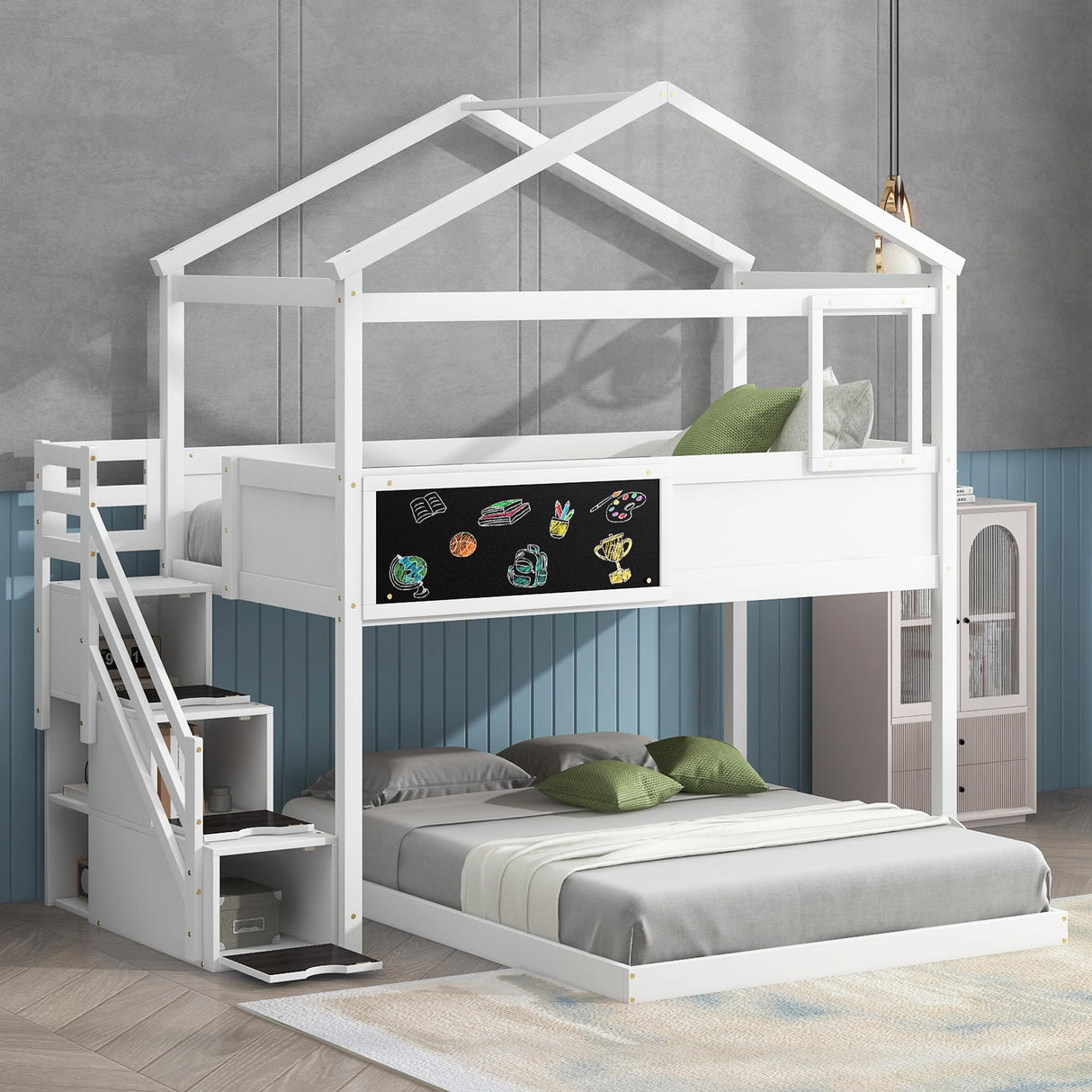 Harper & Bright Designs House Bunk Bed with Stairs,Twin Over Full Bunk Beds with Blackboard,Wood Kids Floor Bunk Bed Frame with Storage Shelves,Space-Saving Design, White Harper & Bright Designs