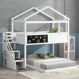 Harper & Bright Designs House Bunk Bed with Stairs,Twin Over Full Bunk Beds with Blackboard,Wood Kids Floor Bunk Bed Frame with Storage Shelves,Space-Saving Design, White Harper & Bright Designs