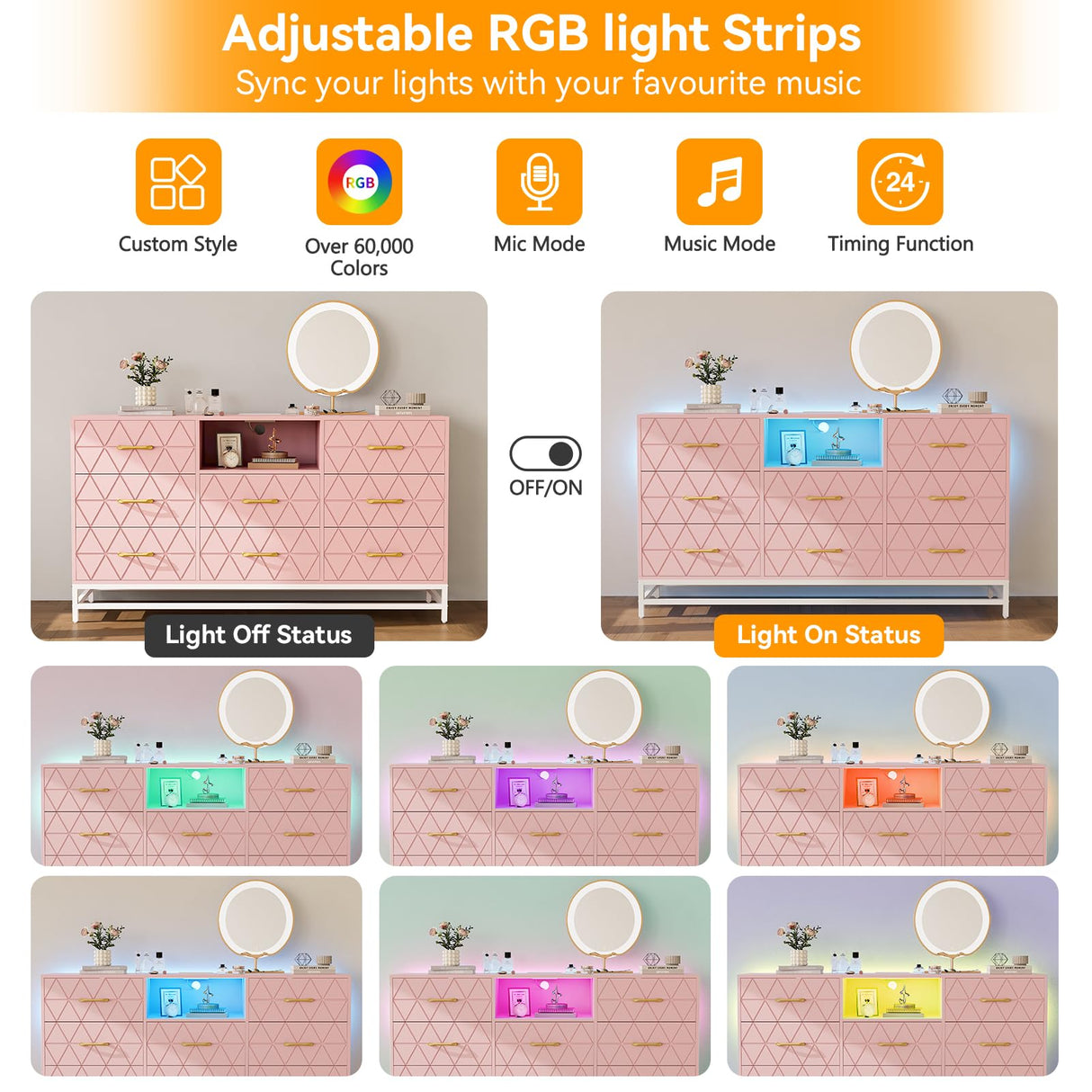 GarveeHome Pink Dresser for Bedroom with 8 Deep Drawer, 59" TV Dresser Wooden Large Long Dresser with Power Outlet and LED Lights, Modern Chest of Drawers Storage Organizer for Living Room, Hallway GarveeHome