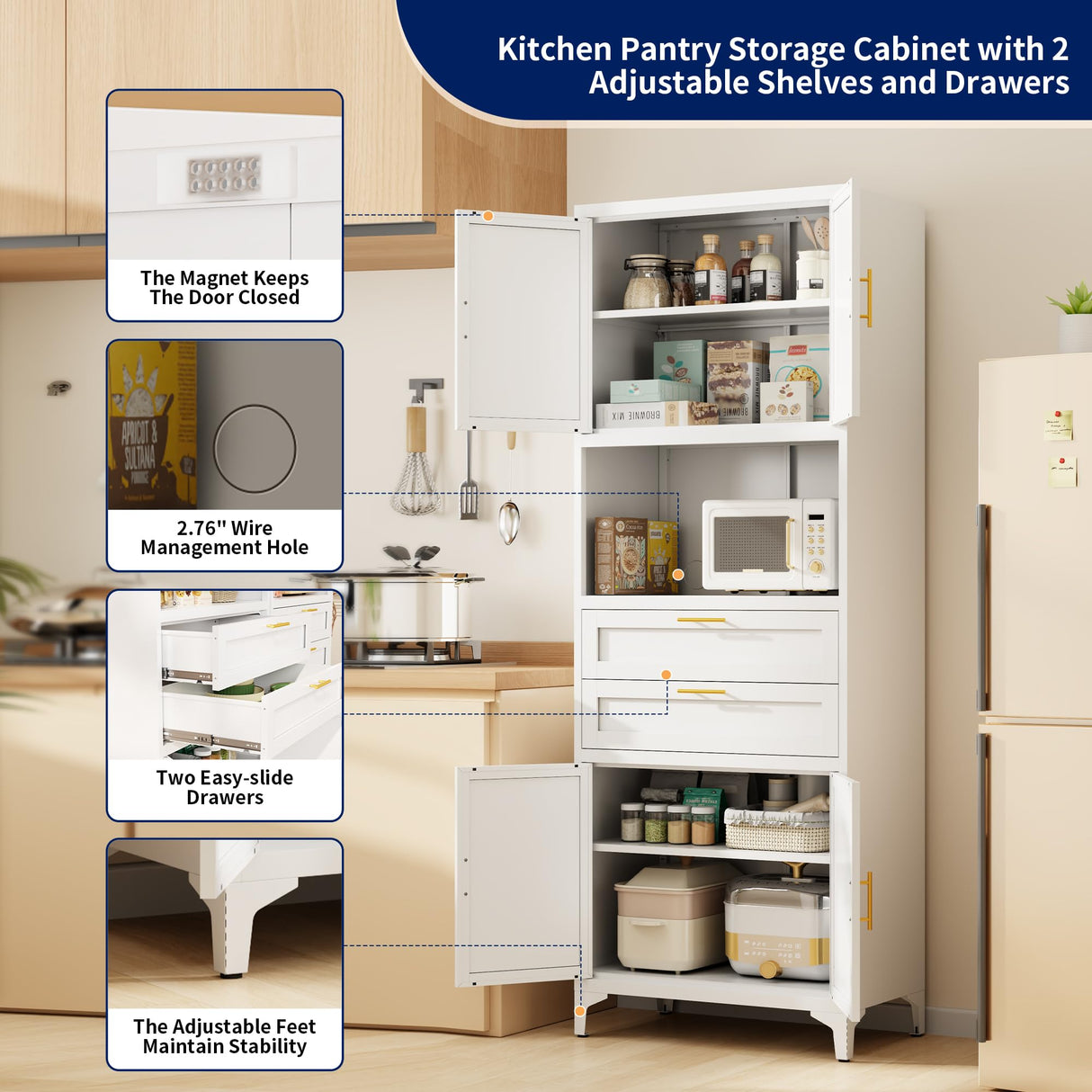 ZLBRDS 75” Tall Kitchen Pantry Storage Cabinet, Metal Storage Cabinet with 2 Drawers and Adjustable Shelves, Bathroom Storage Cabinet with Open Compartments, Freestanding Cupboard for Kitchen (White) ZLBRDS