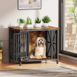 Easycom Dog Crate Furniture, 31.5" Assembly-Free Dog Crates for Small & Medium Dogs, Foldable Dog Kennel Indoor with Tag & Adjustable Dog Bowls, Wooden Dog Cage Use as End Table, Rustic Brown EasyCom