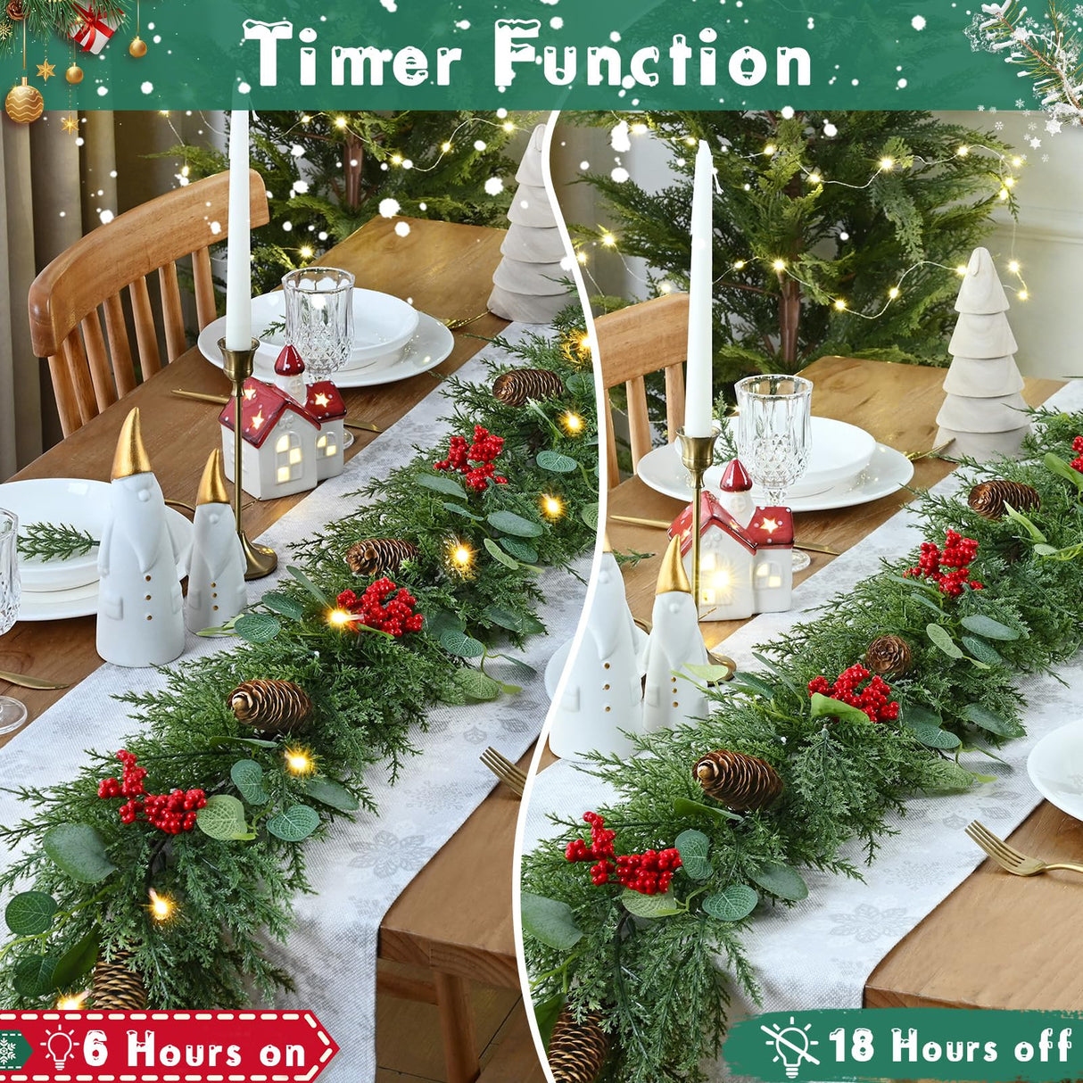 Waipfaru Christmas Decorations, 5.9FT Christmas Garland with Lights, Prelit Lighted Christmas Greenery Cedar Garland Cypress for Home Table Mantel Stair Railing Indoor Outdoor Xmas Decor Waipfaru