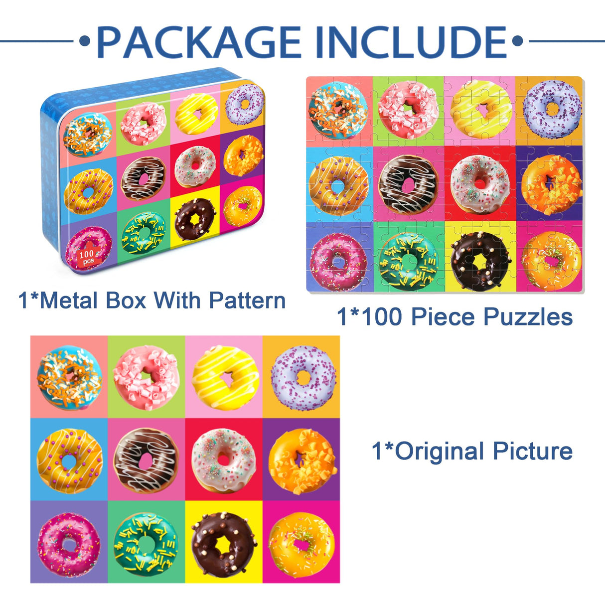 LELEMON Puzzles for Kids Ages 4-6,Donut Puzzle 100 Piece Puzzles for Kids in a Metal Box, Educational Kids Puzzles Jigsaw Puzzles 100 Piece Puzzle Games Puzzle Toys for Girls and Boys LELEMON