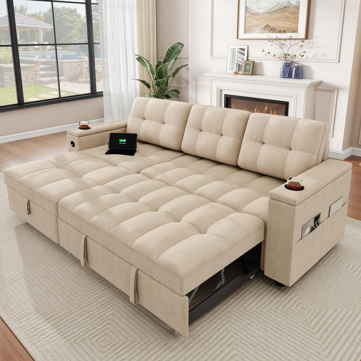 DWVO L-Shaped Sectional Sofa with USB & Chaise, 4-seat Fabric Convertible Couch Bed w/Pull Out Bed & Storage, Reversible Sleeper Sofa for Living Room, Beige DWVO