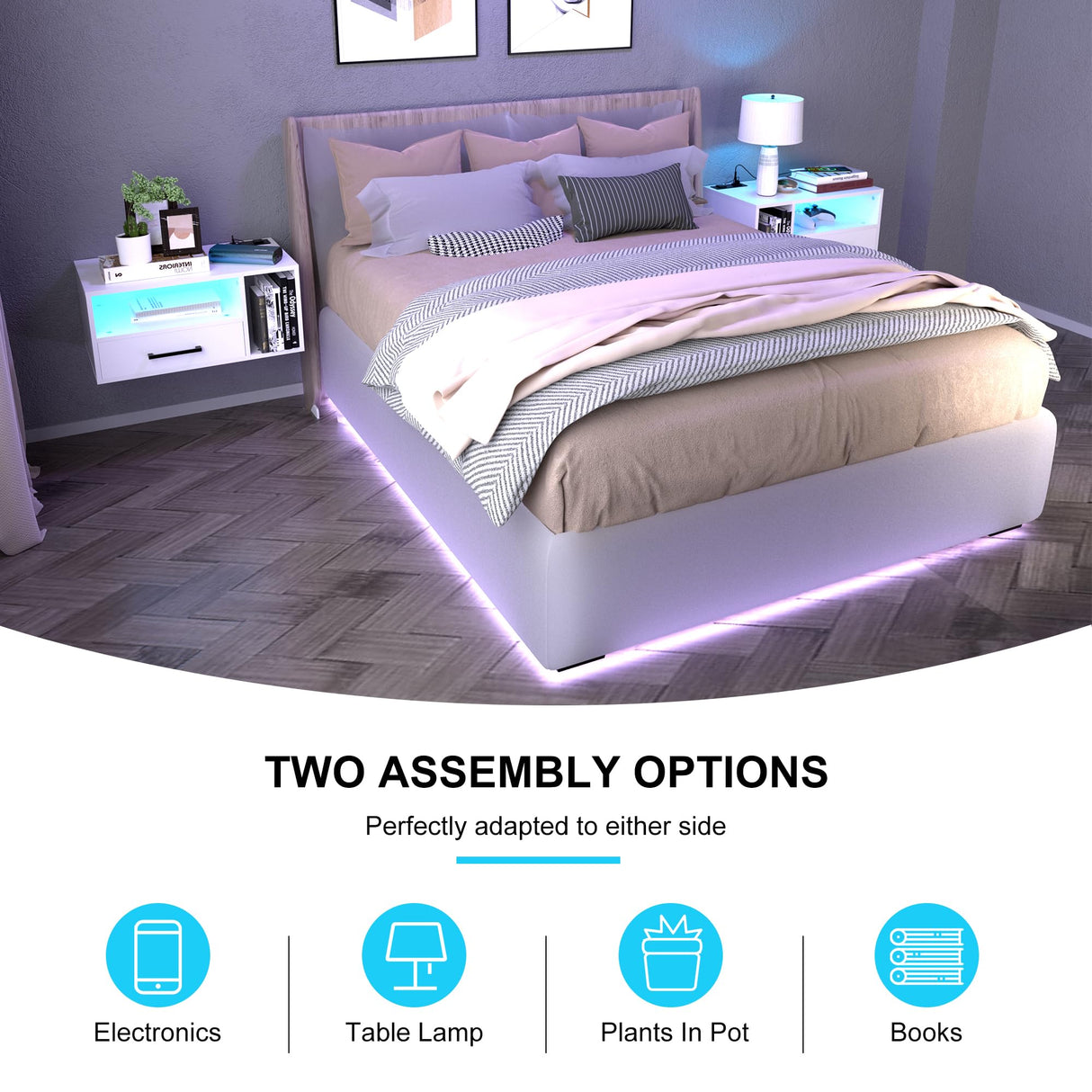 Bloddream Floating Nightstand with Charging Station and LED Light Strips, 21.3" Bedside Table with Drawers,Floating Bedside with USB Ports and Outlets, Bedroom Furniture Bloddream