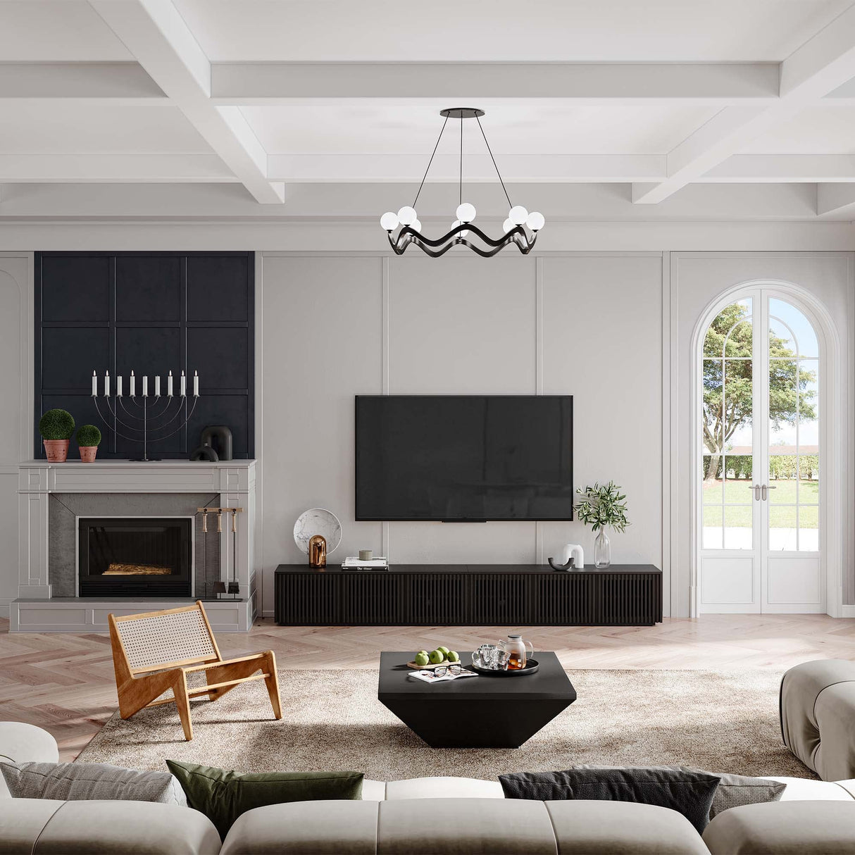 POVISON Modern Solid Wood TV Stand, Black Entertainment Center for 65 inch TV, Full Assembled Media Console with Storage, Farmhouse Low TV Cabinets POVISON