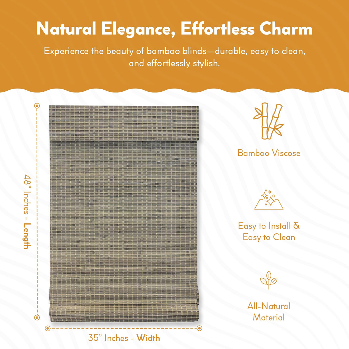 Radiance Cordless Bamboo Roman Shades for Windows - Flatweave Bamboo Blinds for Reduce Bright Light - Easy to Lift & Fold Up Window Shades - Driftwood - 35 in. W x 48 in. L - (02208870E) Radiance