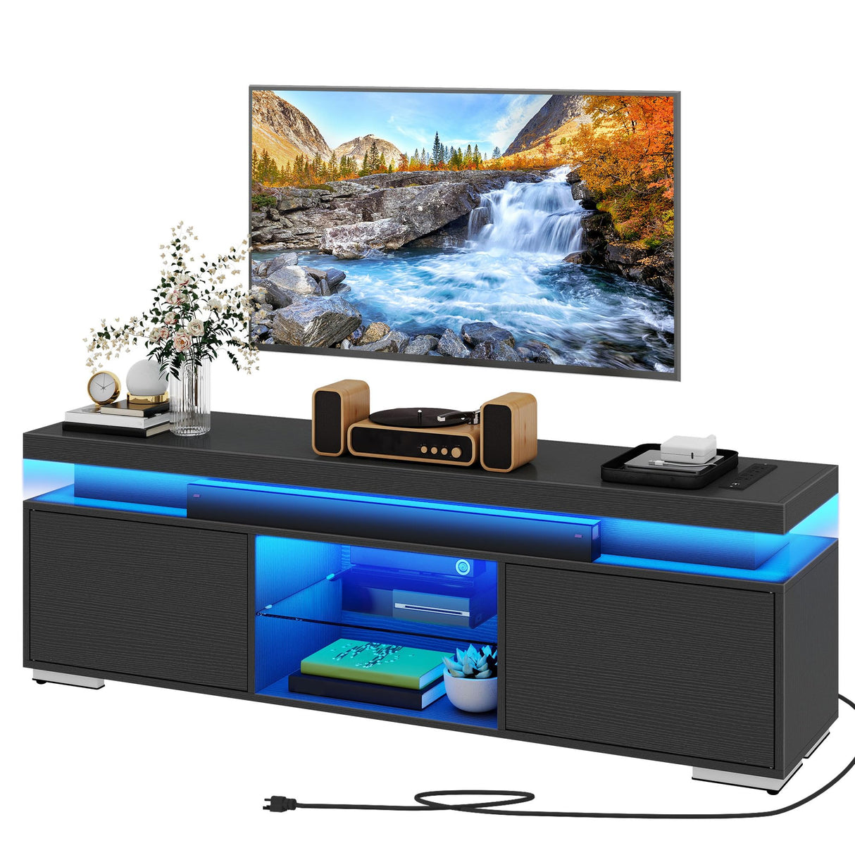 DWVO LED TV Stand for 65 inch TV w/Power Outlet, TV Stands for Living Room, Entertainment Center with Storage, Modern Television Stand, Gaming Media Stand, Black DWVO