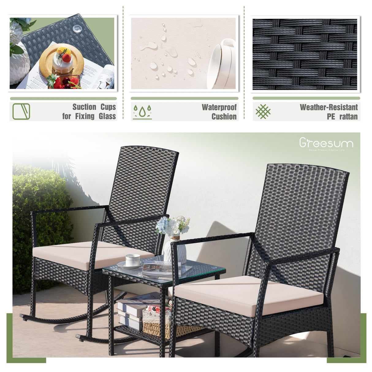 Greesum 3 Pieces Patio Furniture Set Outdoor Wicker Rocking Chairs with Glass Coffee Table for Garden Backyard Porch Poolside, Beige Greesum