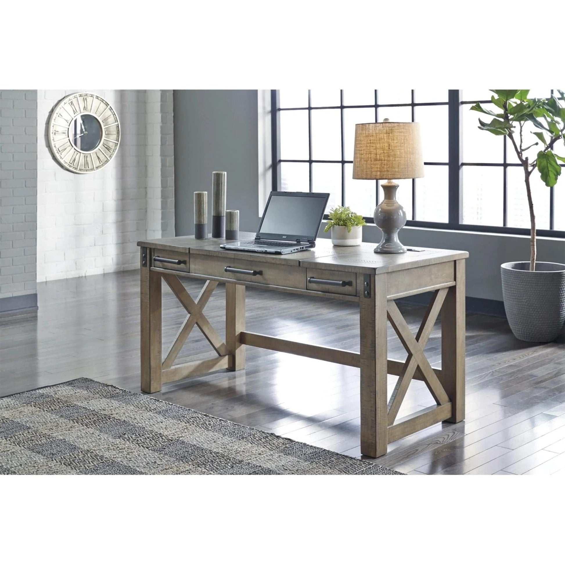 Signature Design by Ashley Aldwin Rustic Farmhouse 60" Home Office Lift Top Desk with Charging Ports, Distressed Gray - WoodArtSupply