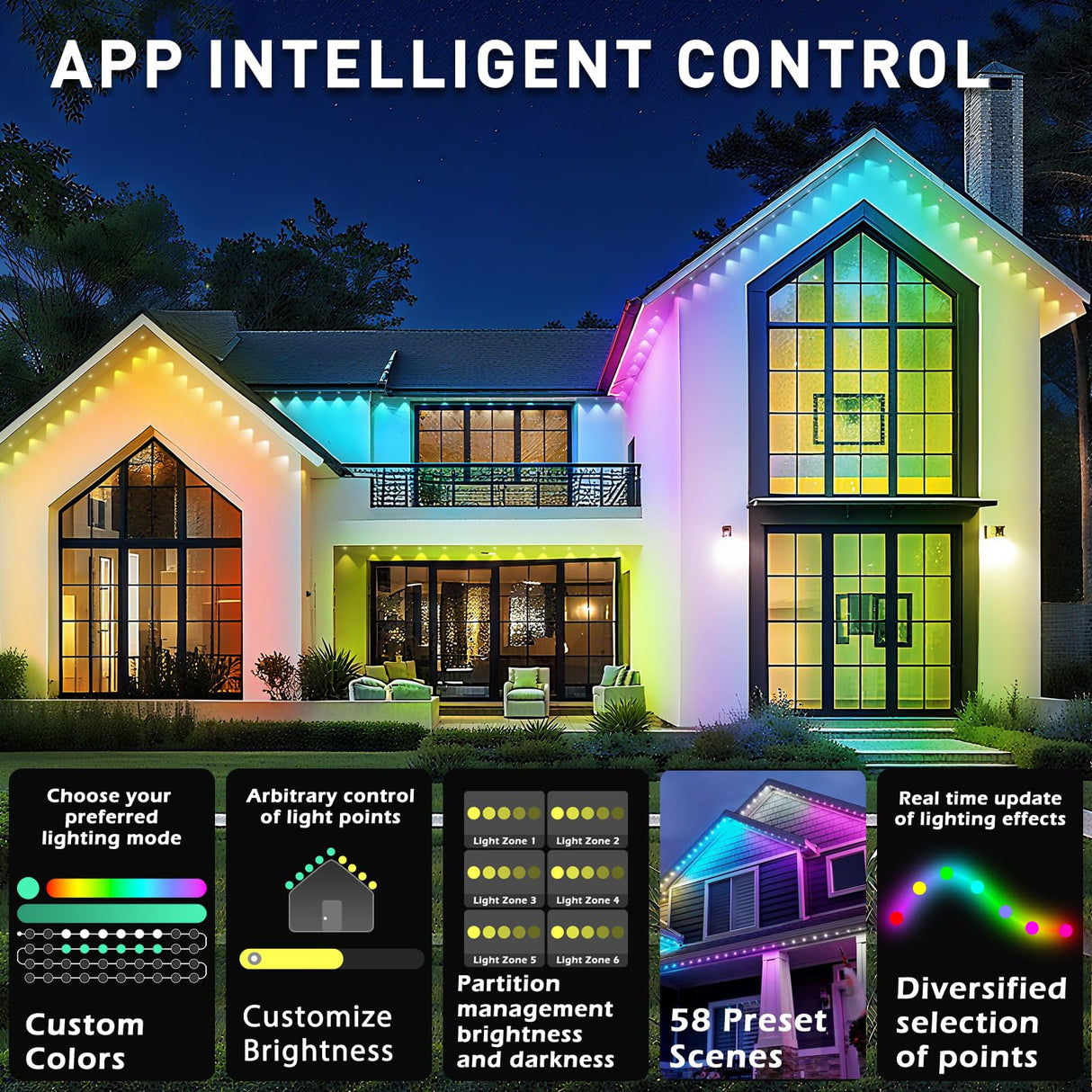 INZIDOL 100FT Permanent Outdoor Lights, IP67 Waterproof,for House Roof, Christmas, Holiday, Party, Daily Lighting, Smart RGB Outdoor Lights with Remote APP Control & DIY Scenes INZIDOL
