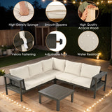 Merax 4 Pieces Patio Furniture Set, Outdoor L-Shaped Sectional Sofa Set with Coffee Table, Acacia Wood Conversation Seating & Thick Cushions and Side Table, for Garden, Poolside and Backyard, Beige Merax