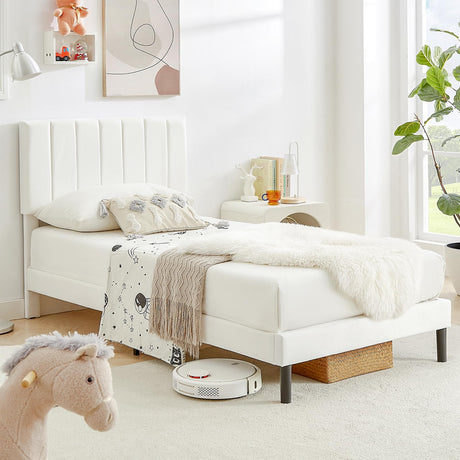 Flolinda Twin Bed Frame with Velvet Headboard, Wooden Slat Support Extend Mattress Life, Modern Upholstered Platform Bed Frame No Box Spring Needed, Easy Assembly, Cream White Flolinda