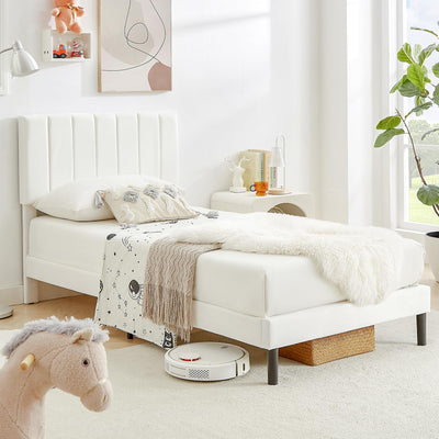 Flolinda Twin Bed Frame with Velvet Headboard, Wooden Slat Support Extend Mattress Life, Modern Upholstered Platform Bed Frame No Box Spring Needed, Easy Assembly, Cream White