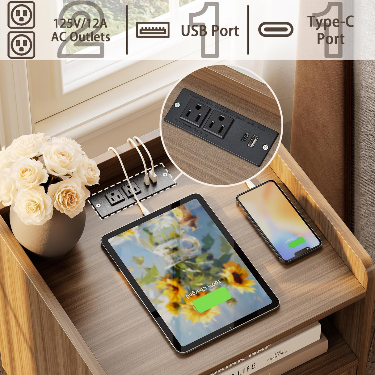 Night stand Set of 2, Bedside Tables with Charging Station, Rattan End Tables, Bed Side Tables, Wood Nightstands set of 2 for Farmhouse Kids' Room Bedroom Living Room Dorm Sofa Office Corner(Brown) MECHYIN