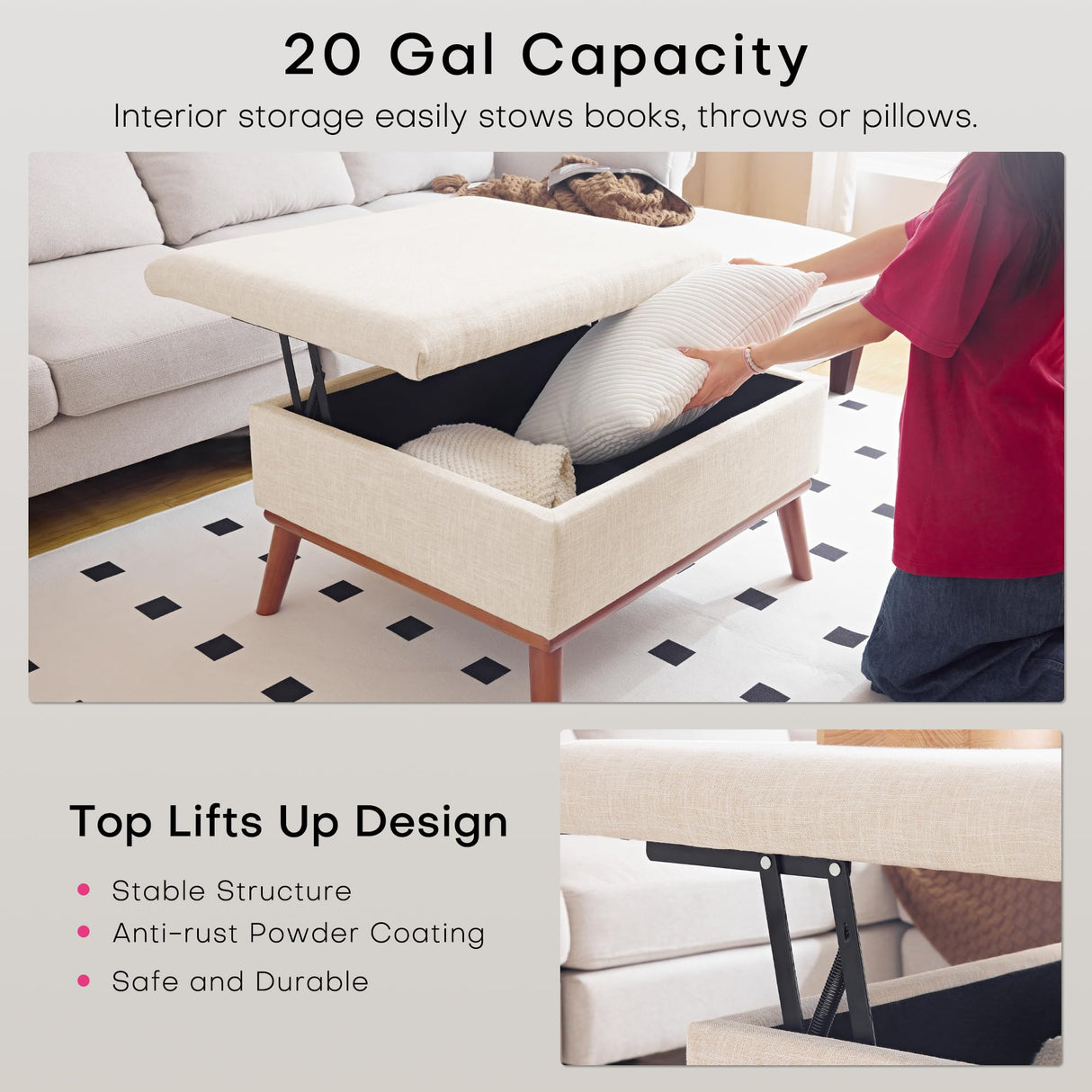 Redlife Ottoman Coffee Table, 31" Wide Rectangular Large Ottoman with Storage, Lift Top Ottoman Coffee Table Mid Century Modern Rectangle Coffee Tables for Living Room (Beige Rectangle) Redlifeᅟᅠ