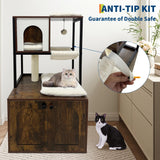 Cat Tree with Litter Box Enclosure | Modern Cat Tower with Condo, Hammock, Scratching Post, and Hanging Ball | Indoor Wooden Pet House with Removable Washable Cushions Hipicute