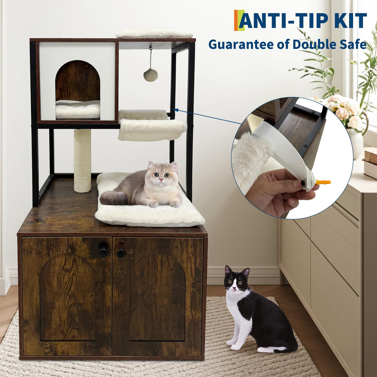 Litter Box Enclosure with Cat Tree, Corner Kitty Litter Box Enclosure Furniture Dog Proof Wooden Cats Cabinet with Condo, Plush Hammock, Scratching Post and Play Ball GarveeLife