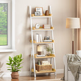 HOOBRO Small Bookcase, Ladder Shelf, 5-Tier Wall-Leaning Shelf, Freestanding Storage Rack, Display Stand, for Living Room, Home Office, Balcony, Bedroom, White and Natural WN151CJ01 HOOBRO
