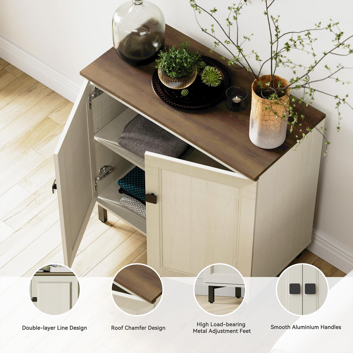 FENSULN Buffet Sideboard Cabinet Farmhouse Modern 3 in1 Storage Cabinet with Adjustable Shelves for Kitchen, Coffee Bar, Living Room, White FENSULN