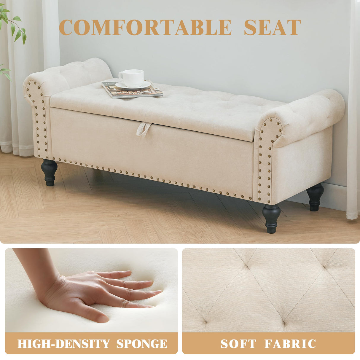 Howjoe 51" Bedroom Storage Bench, End of Bed Bench with Storage, Chenille Upholstered Benches, Ottoman with Storage, Window Benches with Rolled Arm and Nailhead Trim for Living Room, Entryway, Beige Howjoe
