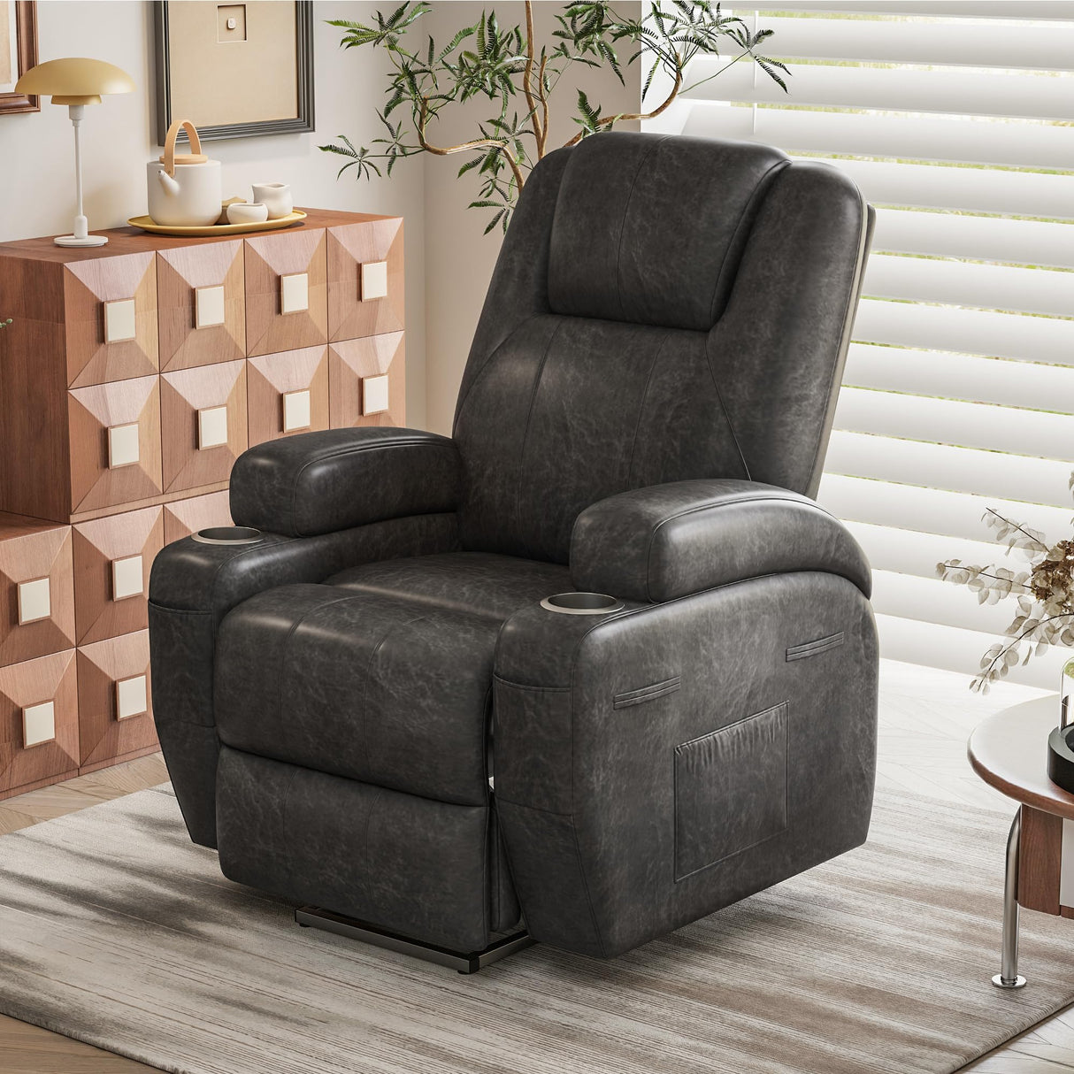 Electric Power Lift Recliner Chair with Massage for Elderly Corduroy Fabric Recliner Single Sofa with Cup Holders, Side Pockets and Remote Control for Living Room Bedroom (Leathaire, Dark Gray) Furmax